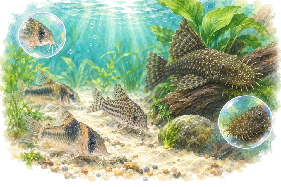 Illustration aquarelle : Noms de corydoras, d'ancistres et de loches.