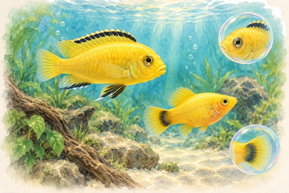Illustration aquarelle : Noms de poissons jaunes et dorés.
