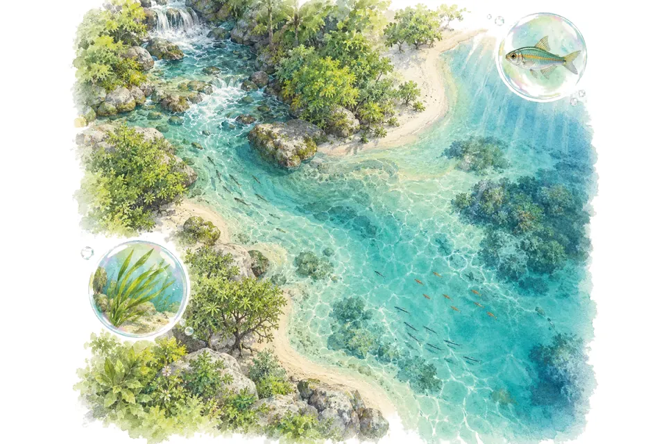 Illustration aquarelle : Noms inspirés des rivières et des mers.