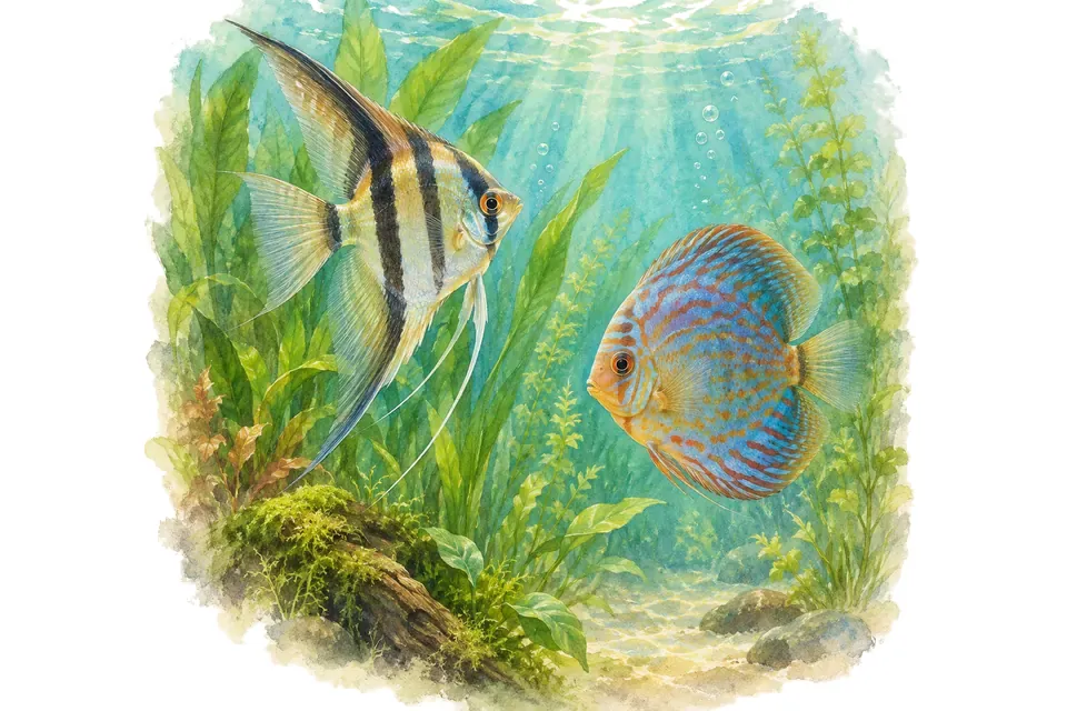 Illustration aquarelle : Noms de scalaires et de discus.