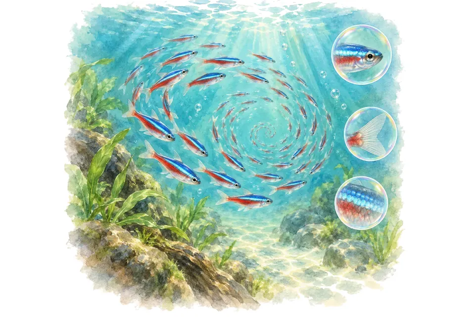 Illustration aquarelle : Noms pour un banc de poissons.