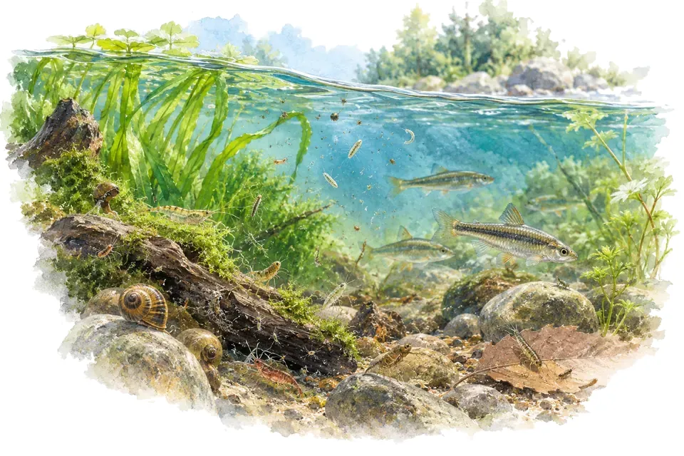 Illustration : Les petits organismes font vivre la rivière.