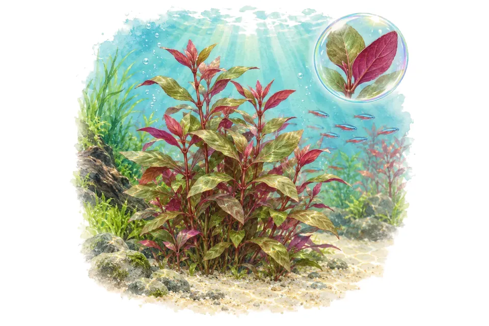 Aquarelle : Alternanthera reineckii (Alternanthera reineckii) dans une eau turquoise lumineuse, avec un détail dans une bulle.