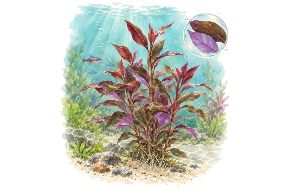 Aquarelle : Alternanthera reineckii Lilacina (Alternanthera reineckii 'Lilacina') dans une eau turquoise lumineuse, avec un détail dans une bulle.