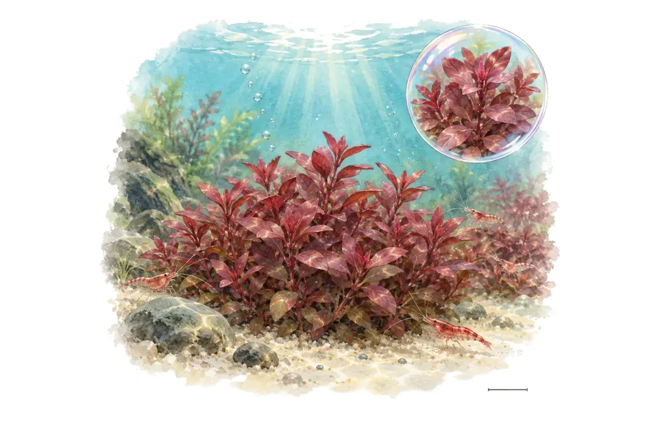 Aquarelle : Alternanthera reineckii mini (Alternanthera reineckii 'Mini') dans une eau turquoise lumineuse, avec un détail dans une bulle.