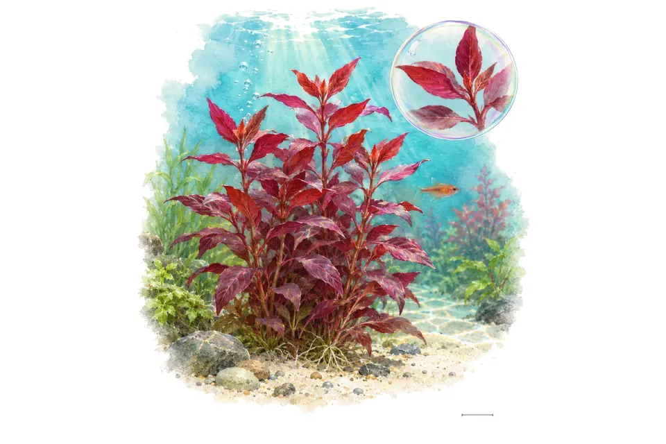 Aquarelle : Alternanthera reineckii Red Ruby (Alternanthera reineckii 'Red Ruby') dans une eau turquoise lumineuse, avec un détail dans une bulle.