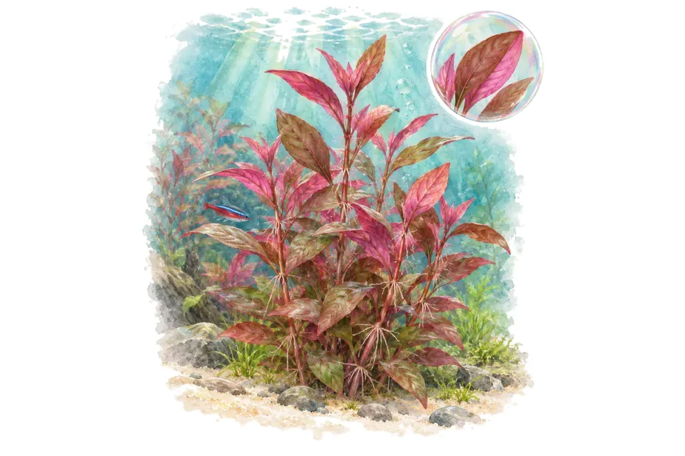 Aquarelle : Alternanthera reineckii rosaefolia (Alternanthera reineckii 'Rosaefolia') dans une eau turquoise lumineuse, avec un détail dans une bulle.