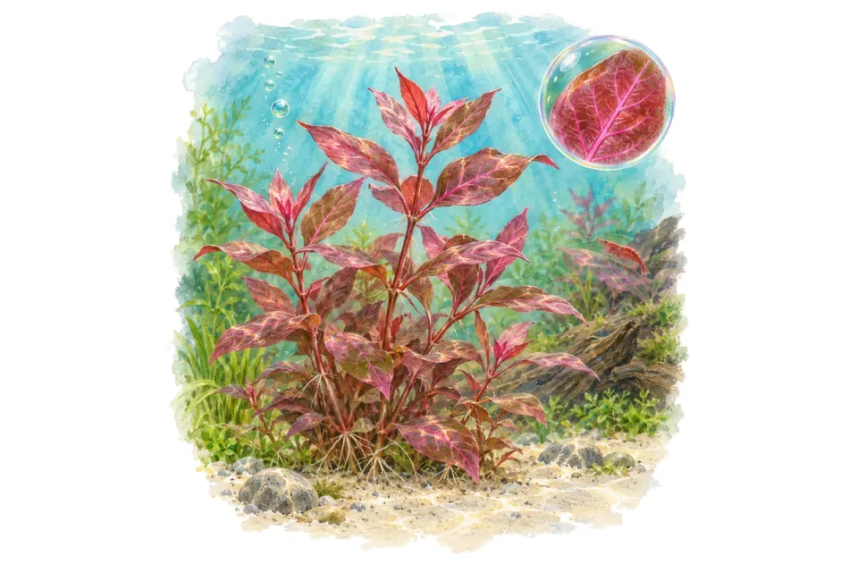 Aquarelle : Alternanthera reineckii Rosanervig (Alternanthera reineckii 'Rosanervig') dans une eau turquoise lumineuse, avec un détail dans une bulle.