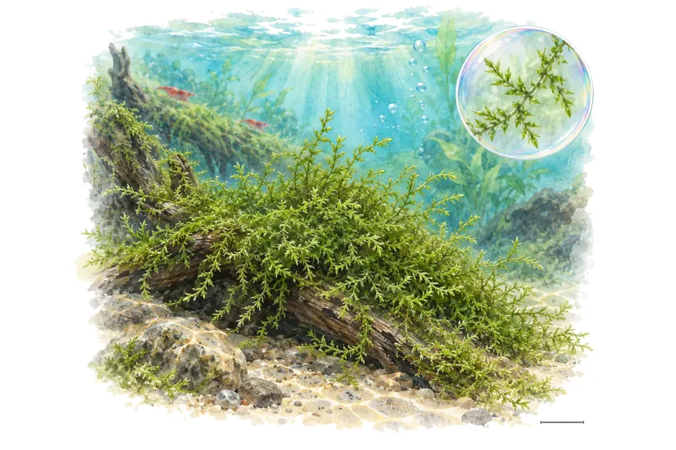 Aquarelle : Nano-mousse (Amblystegium serpens) dans une eau turquoise lumineuse, avec un détail dans une bulle.