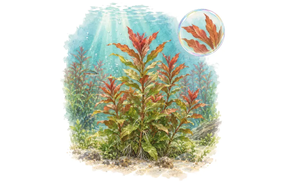 Aquarelle : Ammannia crassicaulis (Ammannia crassicaulis) dans une eau turquoise lumineuse, avec un détail dans une bulle.