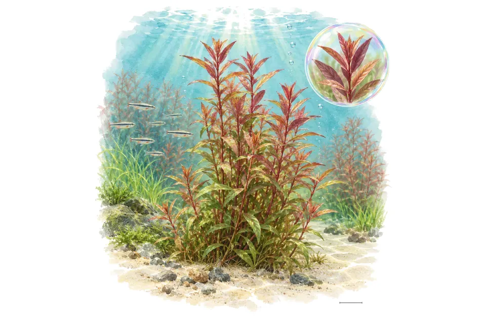 Aquarelle : Ammannia gracilis (Ammannia gracilis) dans une eau turquoise lumineuse, avec un détail dans une bulle.