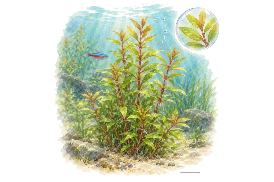 Aquarelle : Ammannia pédicellée (Ammannia pedicellata) dans une eau turquoise lumineuse, avec un détail dans une bulle.