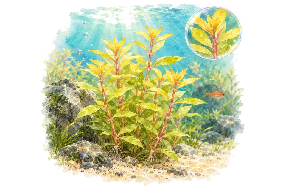 Aquarelle : Ammannia pedicellata golden (Ammannia pedicellata 'Golden') dans une eau turquoise lumineuse, avec un détail dans une bulle.