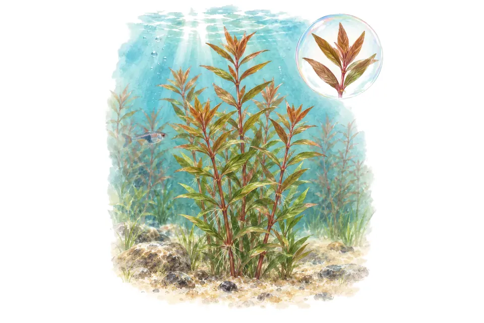 Aquarelle : Ammannia du Sénégal (Ammannia senegalensis) dans une eau turquoise lumineuse, avec un détail dans une bulle.