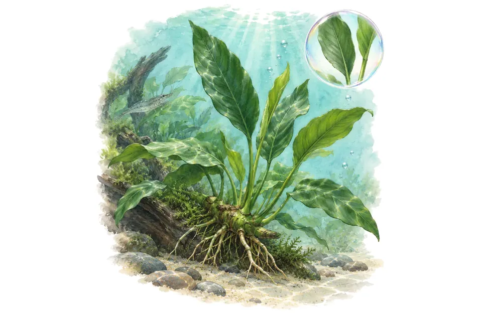 Aquarelle : Anubias afzelii (Anubias afzelii) dans une eau turquoise lumineuse, avec un détail dans une bulle.
