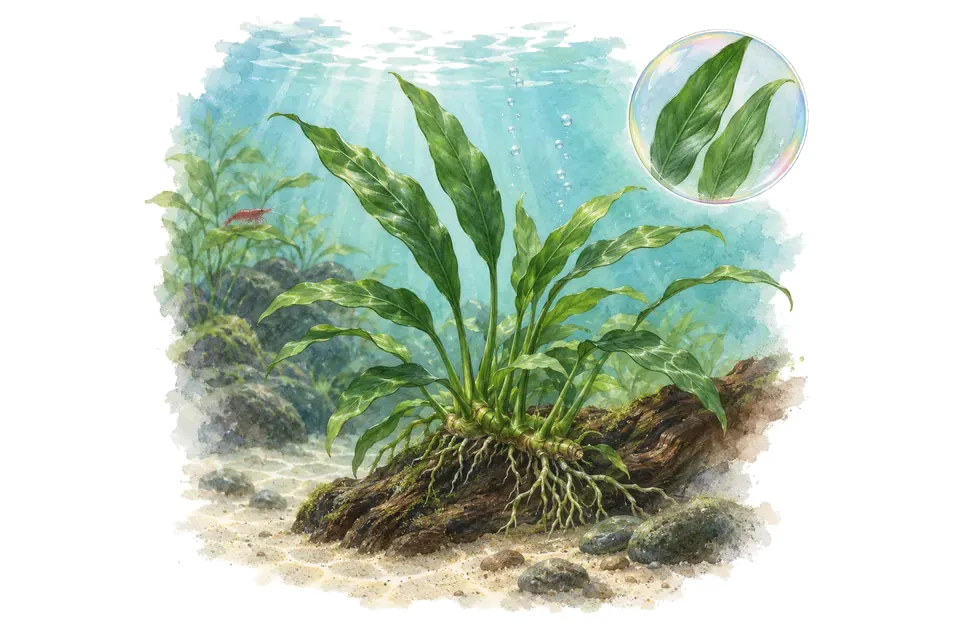 Aquarelle : Anubias à feuilles étroites (Anubias barteri var. angustifolia) dans une eau turquoise lumineuse, avec un détail dans une bulle.