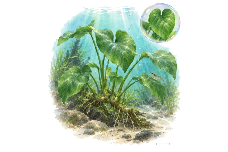 Aquarelle : Anubias caladiifolia (Anubias barteri var. caladiifolia) dans une eau turquoise lumineuse, avec un détail dans une bulle.