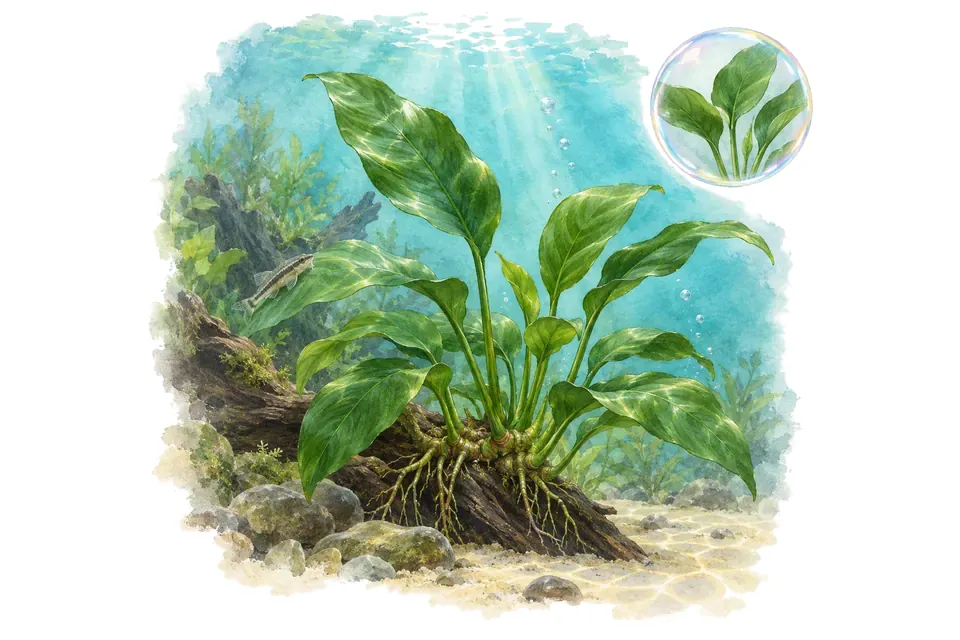 Aquarelle : Anubias glabra (Anubias barteri var. glabra) dans une eau turquoise lumineuse, avec un détail dans une bulle.