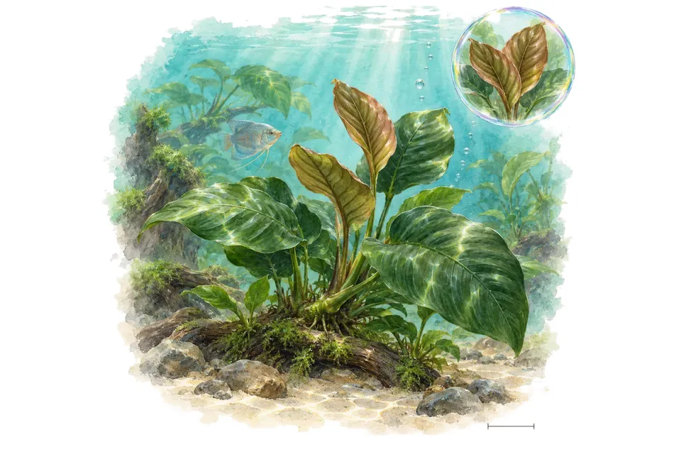 Aquarelle : Anubias coffeefolia (Anubias barteri 'Coffeefolia') dans une eau turquoise lumineuse, avec un détail dans une bulle.