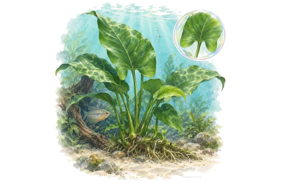 Aquarelle : Anubias géante (Anubias gigantea) dans une eau turquoise lumineuse, avec un détail dans une bulle.