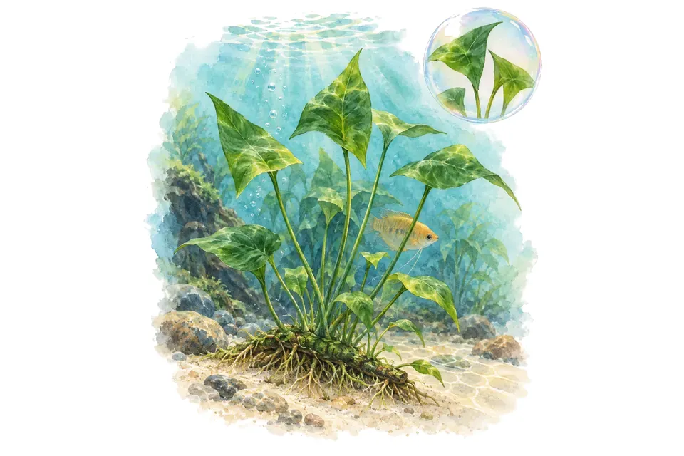 Aquarelle : Anubias gracilis (Anubias gracilis) dans une eau turquoise lumineuse, avec un détail dans une bulle.