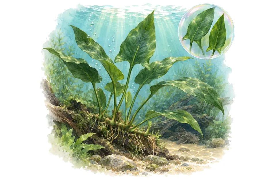 Aquarelle : Anubias hastifolia (Anubias hastifolia) dans une eau turquoise lumineuse, avec un détail dans une bulle.