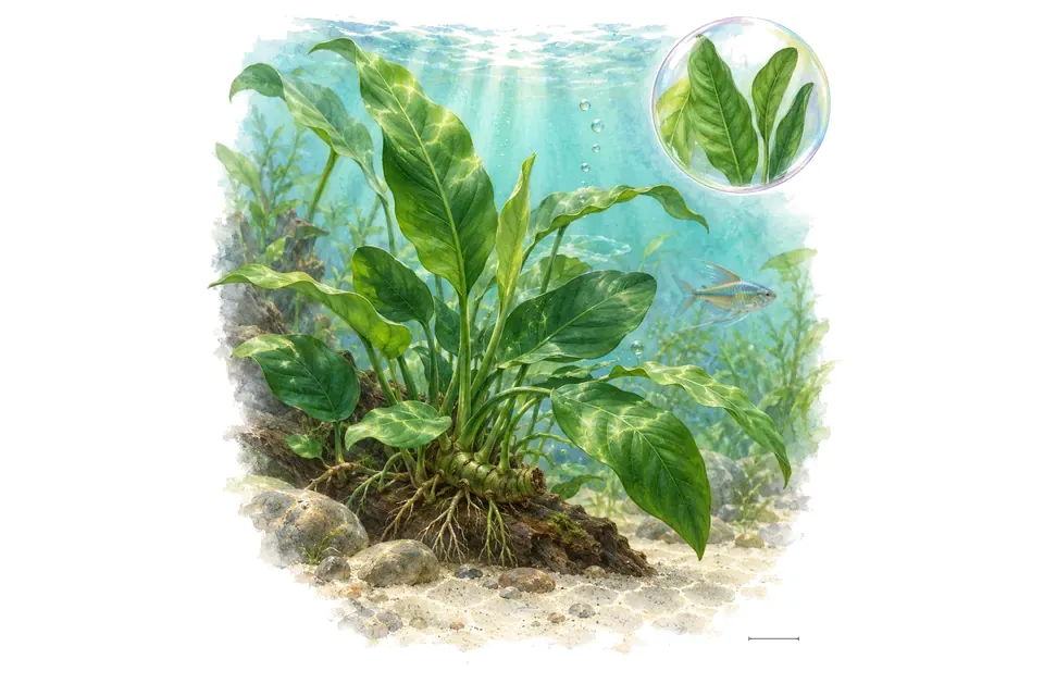 Aquarelle : Anubias heterophylla (Anubias heterophylla) dans une eau turquoise lumineuse, avec un détail dans une bulle.