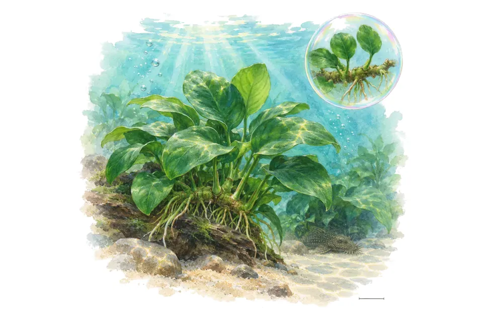 Aquarelle : Anubias nana (Anubias barteri var. nana) dans une eau turquoise lumineuse, avec un détail dans une bulle.