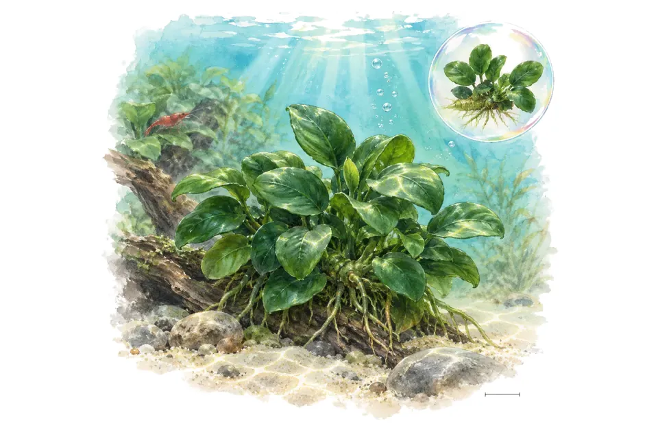 Aquarelle : Anubias nana Bonsai (Anubias barteri var. nana 'Bonsai') dans une eau turquoise lumineuse, avec un détail dans une bulle.
