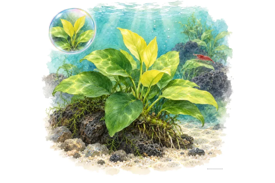 Aquarelle : Anubias nana golden (Anubias barteri var. nana 'Golden') dans une eau turquoise lumineuse, avec un détail dans une bulle.