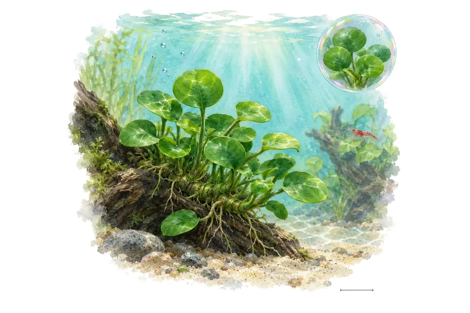 Aquarelle : Anubias nana Mini Coin (Anubias barteri var. nana 'Mini Coin') dans une eau turquoise lumineuse, avec un détail dans une bulle.