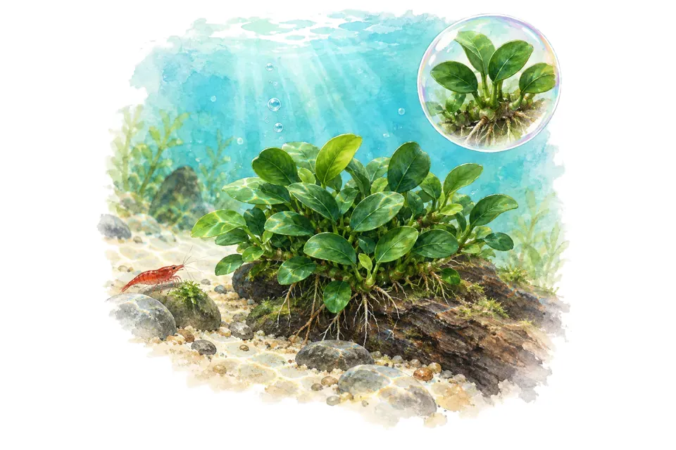Aquarelle : Anubias nana Petite (Anubias barteri var. nana 'Petite') dans une eau turquoise lumineuse, avec un détail dans une bulle.