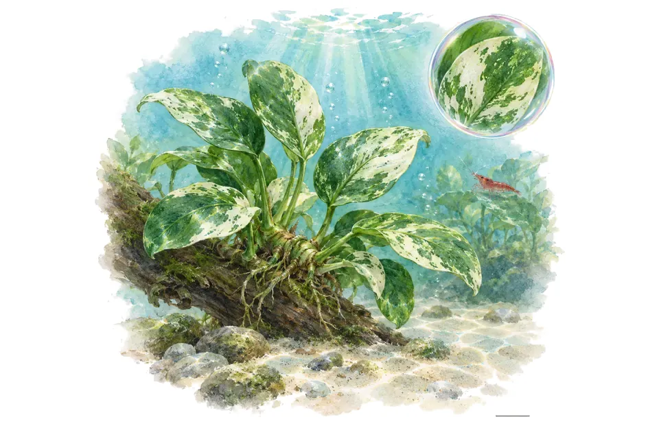 Aquarelle : Anubias nana Pinto (Anubias barteri var. nana 'Pinto') dans une eau turquoise lumineuse, avec un détail dans une bulle.
