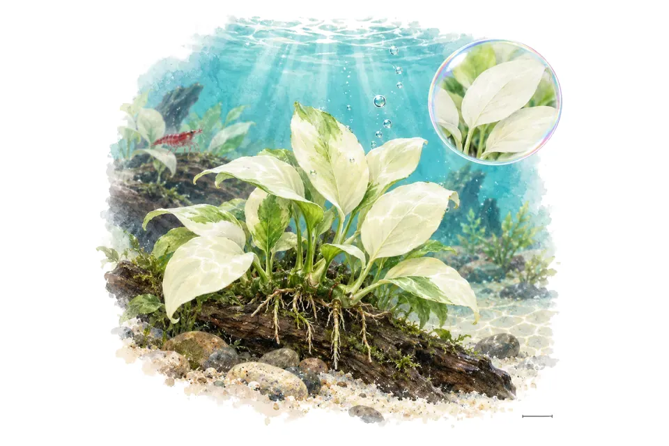 Aquarelle : Anubias nana Snow White (Anubias barteri var. nana 'Snow White') dans une eau turquoise lumineuse, avec un détail dans une bulle.