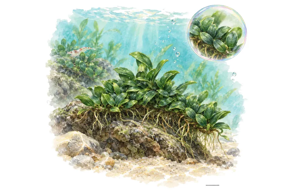 Aquarelle : Anubias Pangolino (Anubias barteri 'Pangolino') dans une eau turquoise lumineuse, avec un détail dans une bulle.
