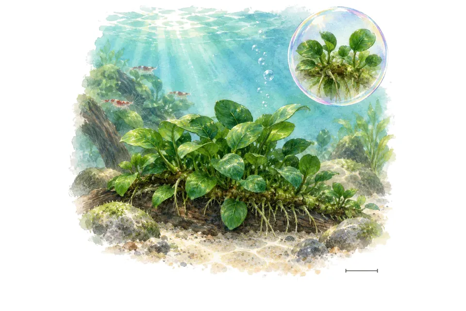 Aquarelle : Anubias Petite (Anubias barteri 'Petite') dans une eau turquoise lumineuse, avec un détail dans une bulle.