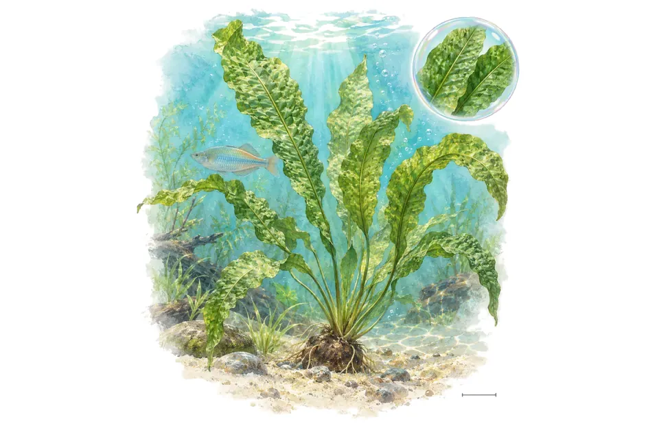 Aquarelle : Aponogeton de Boivin (Aponogeton boivinianus) dans une eau turquoise lumineuse, avec un détail dans une bulle.