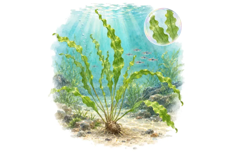 Aquarelle : Aponogeton de Capuron (Aponogeton capuronii) dans une eau turquoise lumineuse, avec un détail dans une bulle.