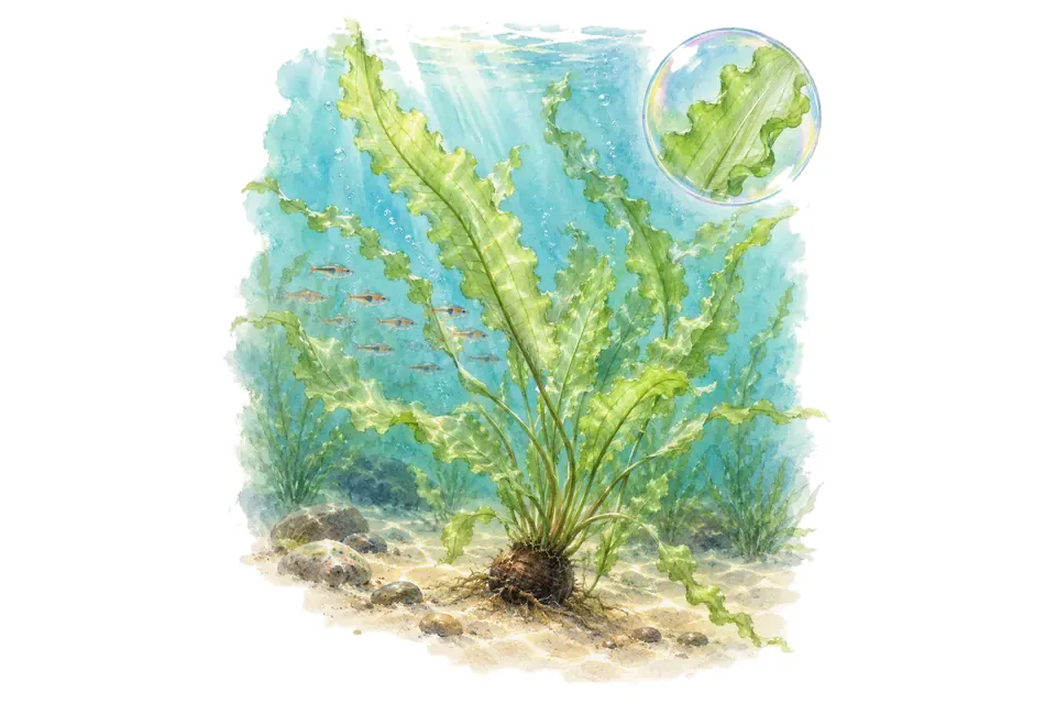 Aquarelle : Aponogeton crispus (Aponogeton crispus) dans une eau turquoise lumineuse, avec un détail dans une bulle.