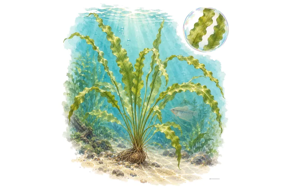 Aquarelle : Aponogeton longiplumulosus (Aponogeton longiplumulosus) dans une eau turquoise lumineuse, avec un détail dans une bulle.