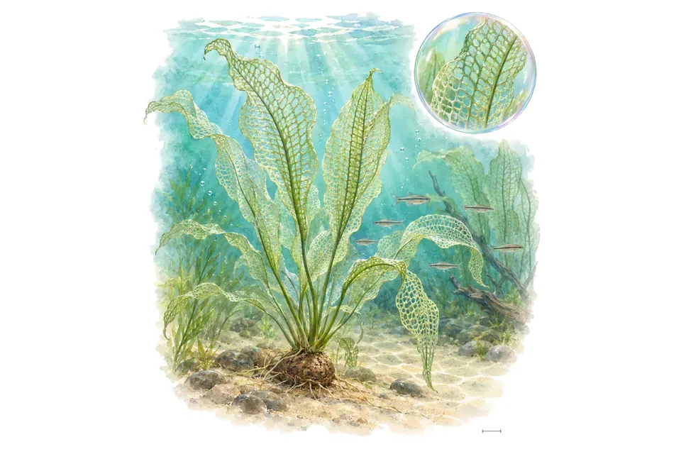 Aquarelle : Aponogéton de Madagascar (Aponogeton madagascariensis) dans une eau turquoise lumineuse, avec un détail dans une bulle.