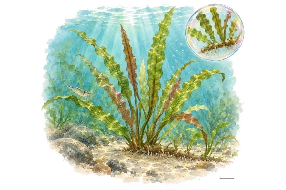 Aquarelle : Aponogeton à feuilles rigides (Aponogeton rigidifolius) dans une eau turquoise lumineuse, avec un détail dans une bulle.