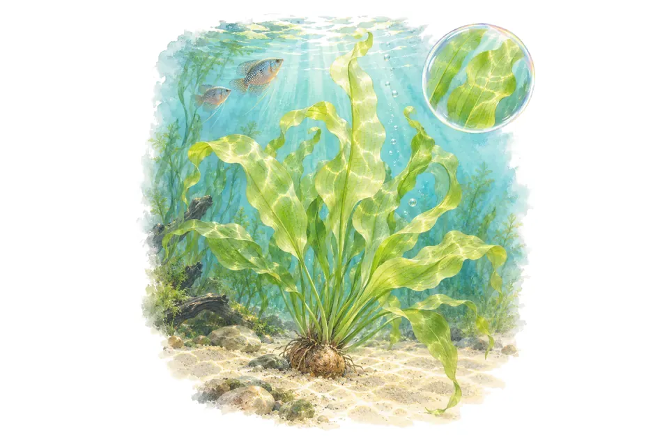 Aquarelle : Aponogeton ulvaceus (Aponogeton ulvaceus) dans une eau turquoise lumineuse, avec un détail dans une bulle.