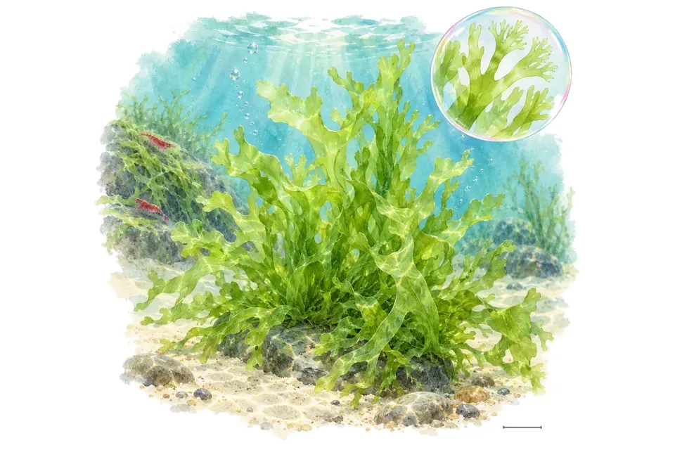 Aquarelle : Pellia à feuilles divisées (Apopellia endiviifolia) dans une eau turquoise lumineuse, avec un détail dans une bulle.