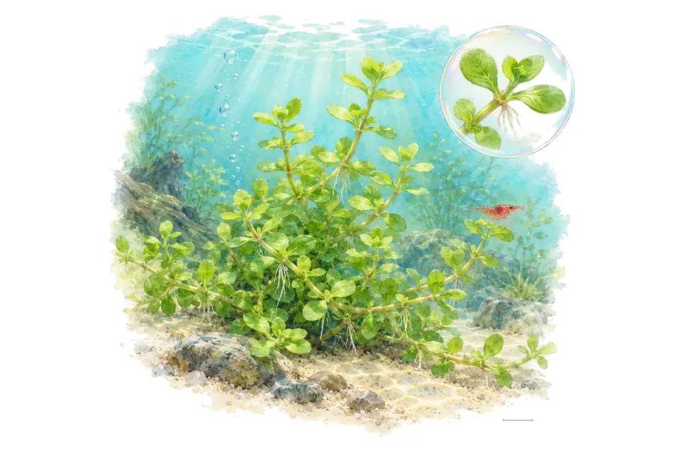Aquarelle : Bacopa australis (Bacopa australis) dans une eau turquoise lumineuse, avec un détail dans une bulle.