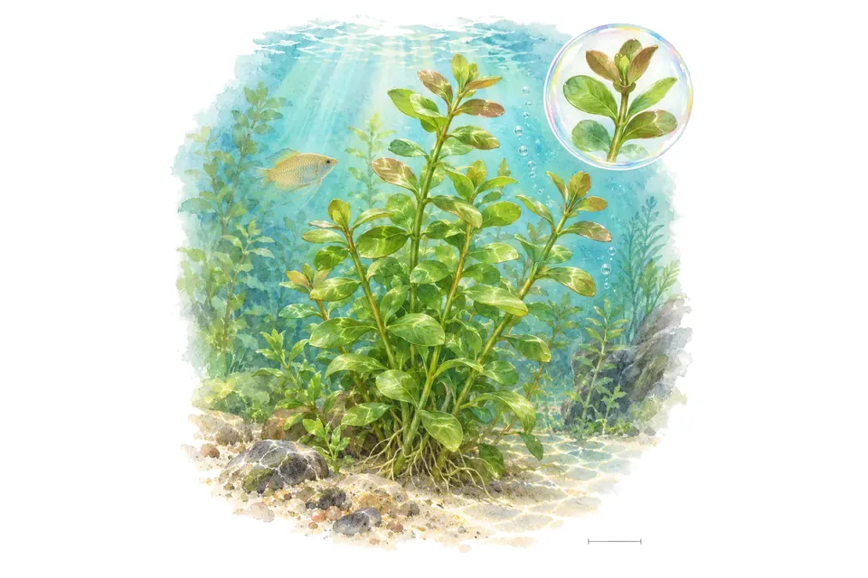 Aquarelle : Bacopa de Caroline (Bacopa caroliniana) dans une eau turquoise lumineuse, avec un détail dans une bulle.