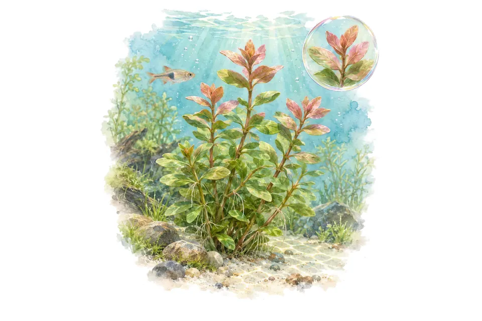 Aquarelle : Bacopa caroliniana Colorata (Bacopa caroliniana 'Colorata') dans une eau turquoise lumineuse, avec un détail dans une bulle.