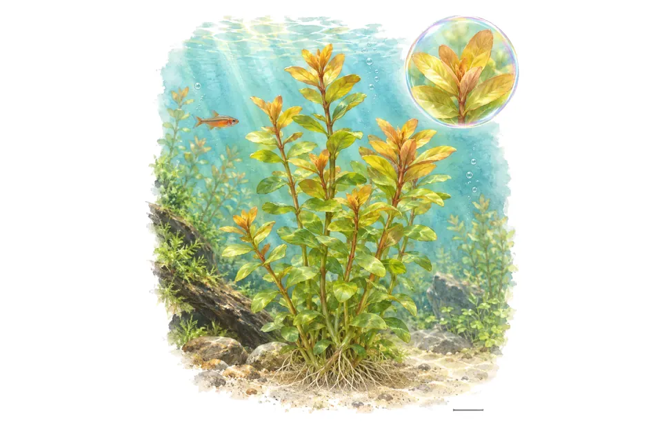 Aquarelle : Bacopa caroliniana Yellow Flame (Bacopa caroliniana 'Yellow Flame') dans une eau turquoise lumineuse, avec un détail dans une bulle.