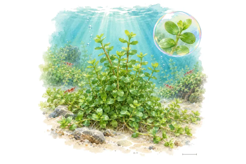 Aquarelle : Bacopa de Monnier (Bacopa monnieri) dans une eau turquoise lumineuse, avec un détail dans une bulle.