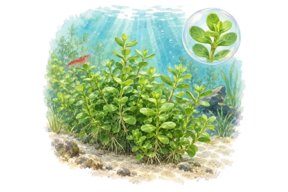Aquarelle : Bacopa monnieri compact (Bacopa monnieri 'Compact') dans une eau turquoise lumineuse, avec un détail dans une bulle.